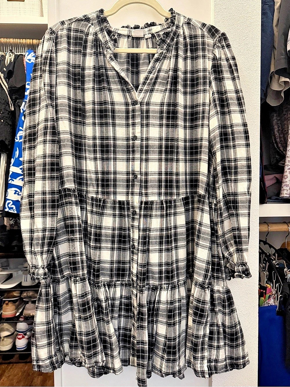 GAP Black White Plaid Tiered Babydoll Mini Dress Ruffle Size S